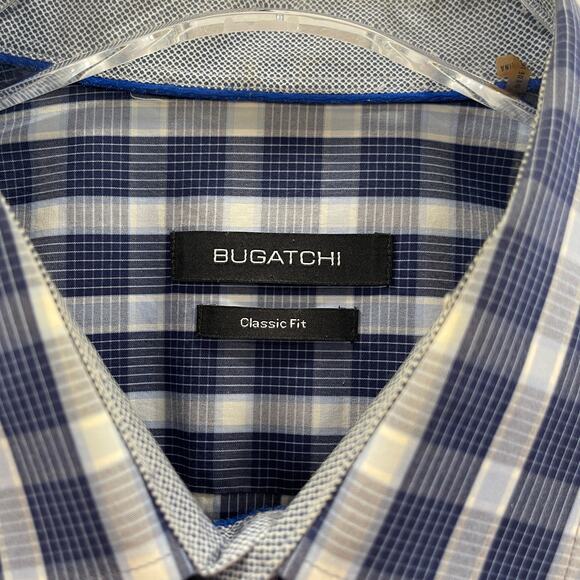 Bugatchi Uomo Shirt XXL Blue Plaid Check Long Sleeve Cotton Casual Dress Shirt - Picture 5 of 16